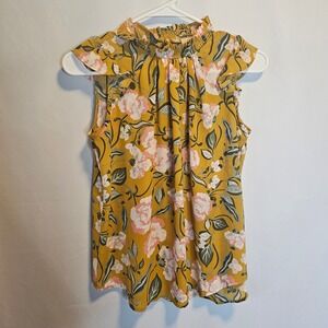 LOFT Outlet Petite Floral Ruffle‎ Mock Neck Sleeveless Blouse - XS Gold
